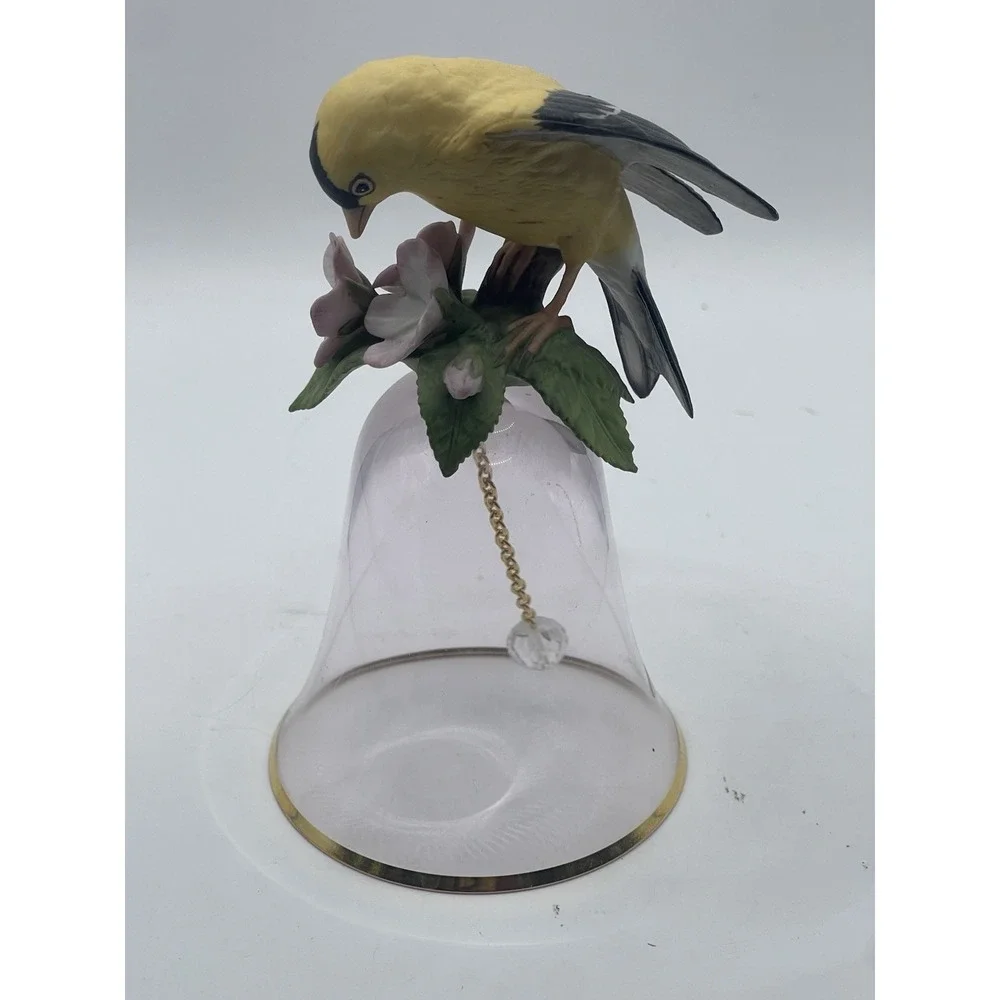Vintage Made in Japan Porcelain Bird Bell – Goldfinch Figurine with Crystal Pull